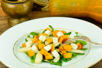 Healthy and Diet Food: Salad, Pumpkin, Pear, Cheese and Seeds