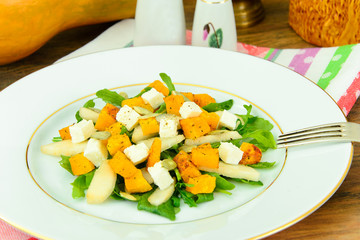 Healthy and Diet Food: Salad, Pumpkin, Pear, Cheese and Seeds