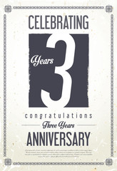 Anniversary retro vintage background 3 years