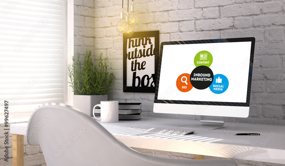 Sticker stylish workplace with computer with inbound marketing concept o