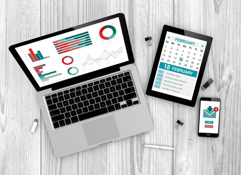 Efficiency at work helped by devices on a workplace mockup