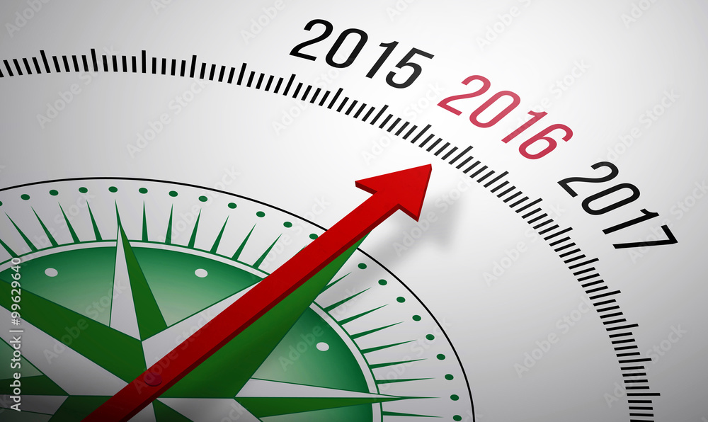 Poster 3d rendering of a compass with a 2016 icon.