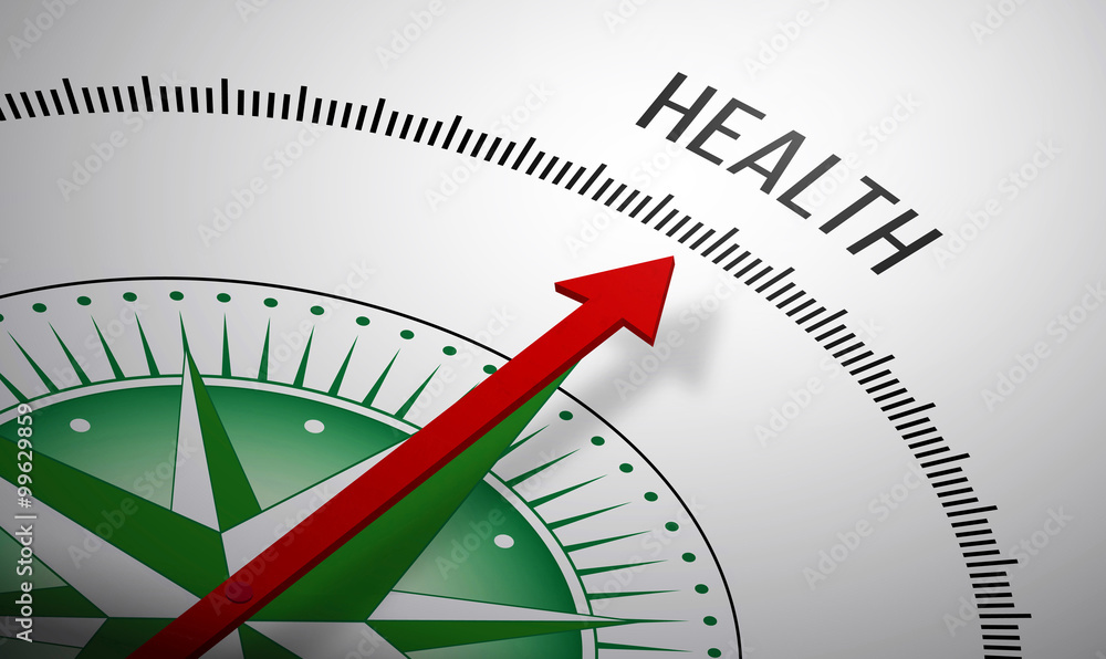 Poster 3d rendering of a compass with a health icon.