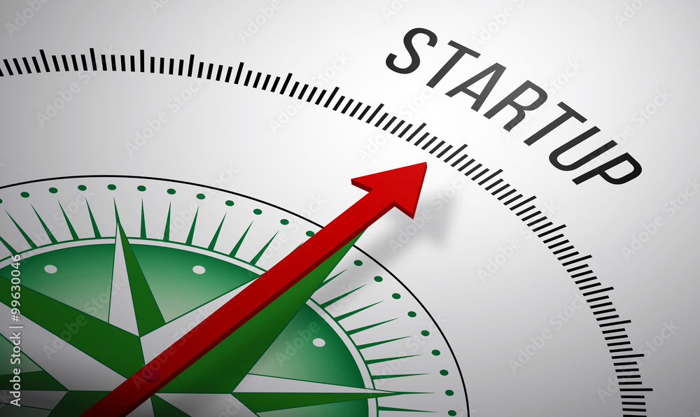 Poster 3d rendering of a compass with a startup icon.