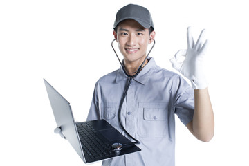 Engineer checking laptop