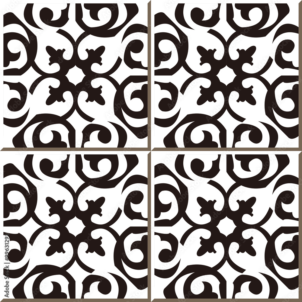 Wall mural vintage seamless wall tiles of black white curve spiral, moroccan, portuguese.