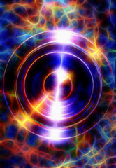Audio music Speaker and fractal effect with note. Cosmic space and stars, blue cosmic abstract background.