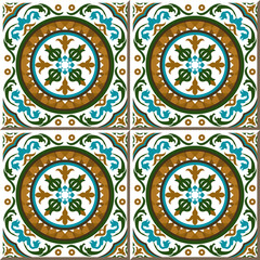 Vintage seamless wall tiles of round spiral flower vine, Moroccan, Portuguese.
