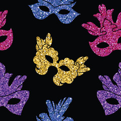 Seamless pattern with glitter carnival mask.
