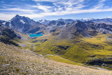 View to Sassier lake from Grande Sassier hike, Val d'Isere in French Alps 