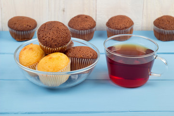 Muffins in a transparent bowl and tea