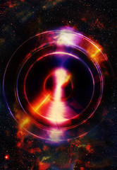 Obraz premium Audio music Speaker with color effect. Cosmic space and stars, cosmic abstract background. 