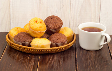 Muffins in a transparent bowl and tea