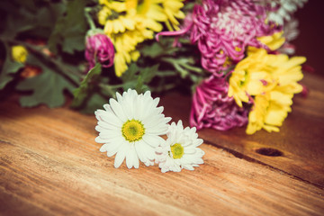 white, yellow and pink chrysanthemum flowers on a wooden surface