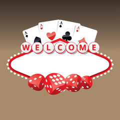 Welcome sign with four aces cards and playing dices