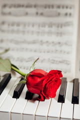 red rose on piano keys and music book