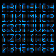 Blue LED letters and numbers. Vector alphabet