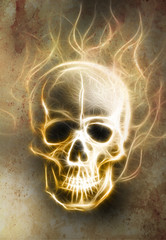 Skull and fractal effect. Color background, computer collage.