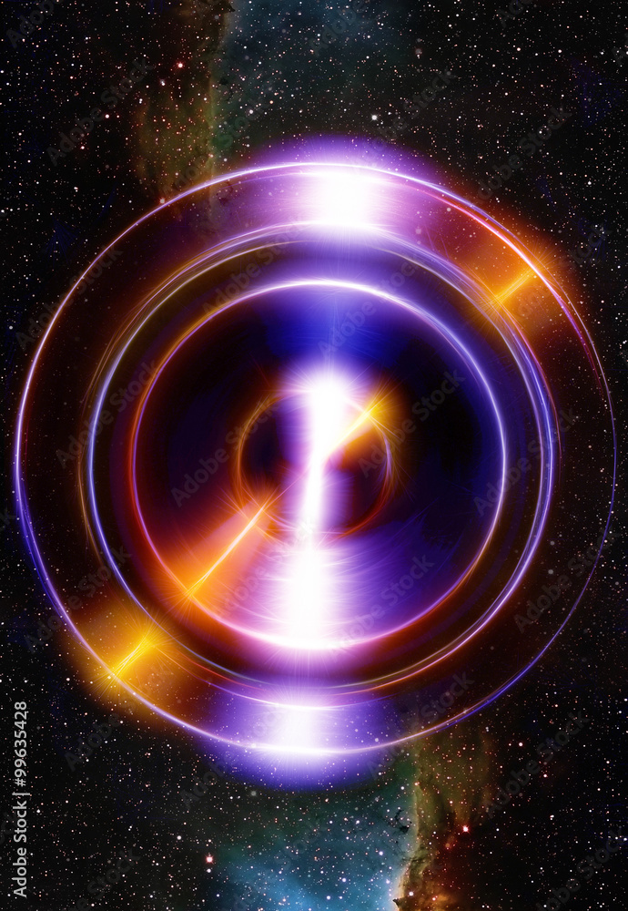 Poster audio music speaker and fractal effect with note. cosmic space and stars, blue cosmic abstract backg