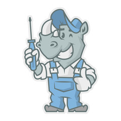 Rhinoceros character holding screwdriver