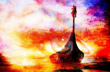 Viking Boat on the beach and woman eye , painting on canvas, Boat with wood dragon. And structure background, red, orange, yellow, black, violet and blue color. Color painting.. © jozefklopacka