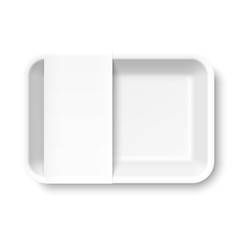 White empty styrofoam food tray with blank label