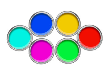 open tin cans with paint isolated on white