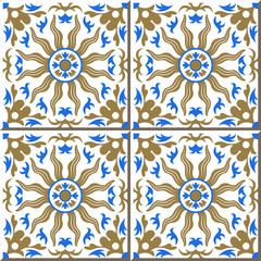 Vintage seamless wall tiles of golden sun blue kaleidoscope, Moroccan, Portuguese.
