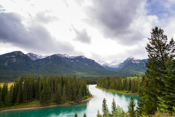 Fototapeta na wymiar turquoise water of a tranquil river in the middle of the forests and peaks of the rocky mountains of alberta canada