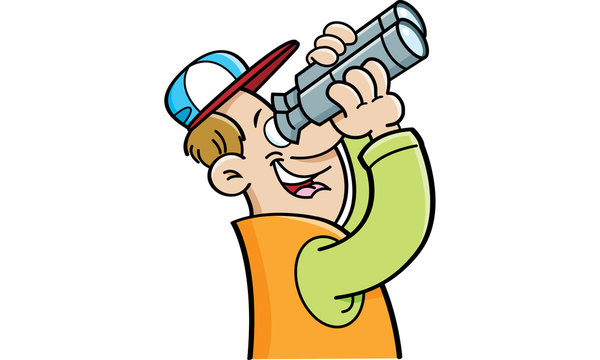 Cartoon illustration of a man looking through binoculars.