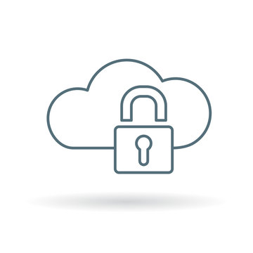 Secure cloud network icon. Cloud with padlock sign. Private internet connection symbol. Thin line icon on white background. Vector illustration.