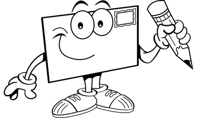 Black and white illustration of an envelope holding a pencil.
