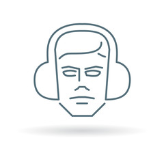 Construction worker with ear muffs icon. Head with ear protection sign. Safety gear symbol. Thin line icon on white background. Vector illustration.