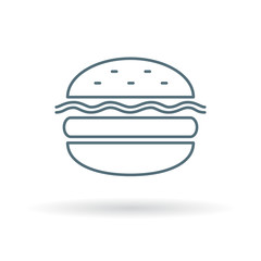 Burger takeout icon. Cheeseburger fastfood sign. Hamburger takeaway symbol. Thin line icon on white background. Vector illustration.