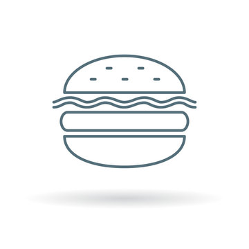 Burger takeout icon. Cheeseburger fastfood sign. Hamburger takeaway symbol. Thin line icon on white background. Vector illustration.
