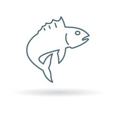 Fish icon. Fish jump sign. Fishing symbol. Thin line icon on white background. Vector illustration.