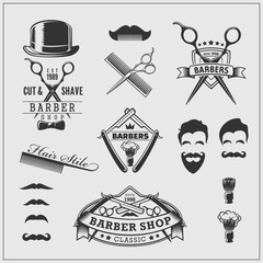 Collection of vintage barber shop labels, logo and design element.