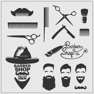 Collection of vintage barber shop labels, logo and design element.