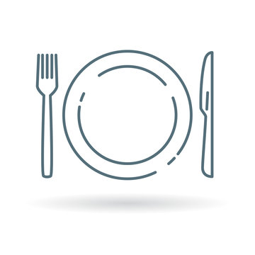 Plate, knife and fork icon. Cutlery and crockery sign. Eating utensils set symbol. Thin line icon on white background. Vector illustration.