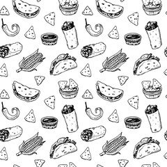 Hand drawn black and white sketch Mexican food seamless background. - obrazy, fototapety, plakaty