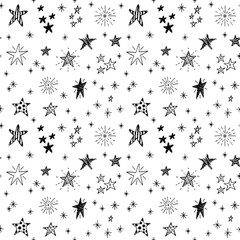 Cute seamless black and white pattern with hand drawn doodle stars