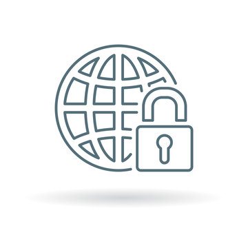Secure internet icon. Globe with padlock sign. Secure globe symbol. Thin line icon on white background. Vector illustration.