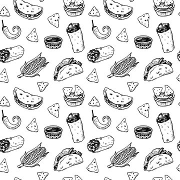 Hand drawn black and white sketch Mexican food seamless background.