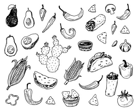 Hand drawn mexican food doodle set