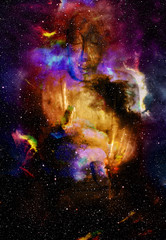 Buddha in space and stars, galaxy background. computer collage. Religion concept.