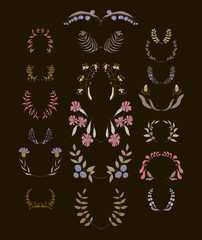 Set of symmetrical floral graphic design elements. Black background.