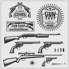 Weapons set. Revolvers, pistols, rifles, bullets and labels.