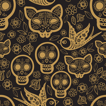 Gold Seamless Pattern  Day Of The Dead