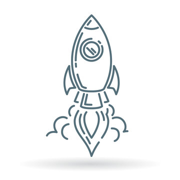 Rocket launch icon. Spaceship launch sign. Spacecraft launch symbol. Thin line icon on white background. Vector illustration.