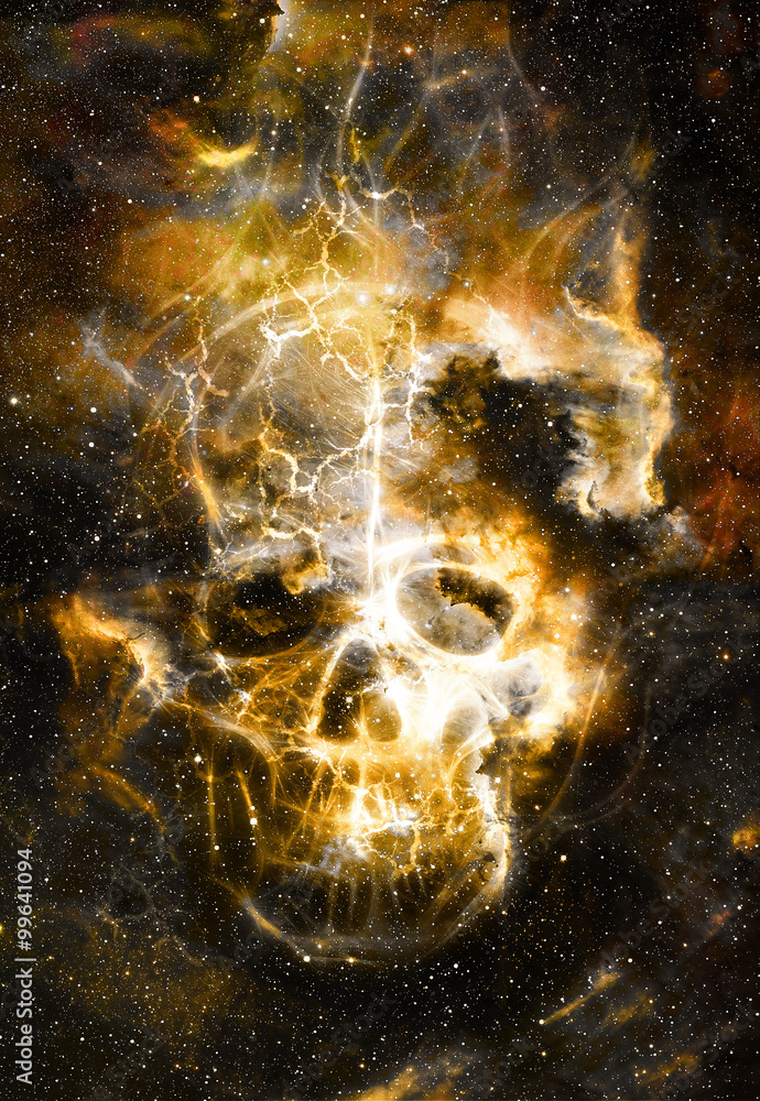 Poster skull and fractal effect. color space background, computer collage. elements of this image furnished